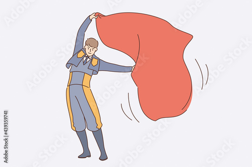 Working as spanish bullfighter concept. Young man bullfighter cartoon character in uniform with red textile standing and waving cloth in air for bull vector illustration 