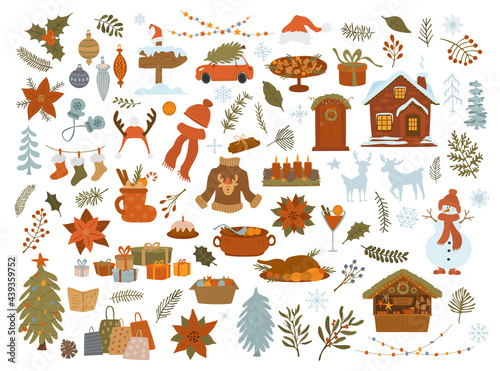merry christmas objects items set, xmas tree, lights gifts, house, car, decoration, foliage isolated vector illustration graphic