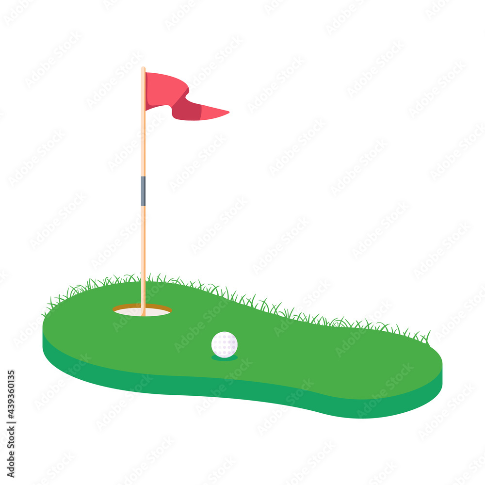 Colorful golf design icon. Green field with grass, red flag, ball, hole on white background. Flat vector illustration. Colorful golf design icon. Green field with grass, red flag, ball, hole on white background. Flat vector illustration.