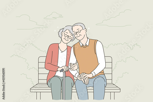 Happy senior people lifestyle concept. Smiling aged mature couple relaxing in park, sitting on bench, holding hands enjoying leisure time outdoors vector illustration 