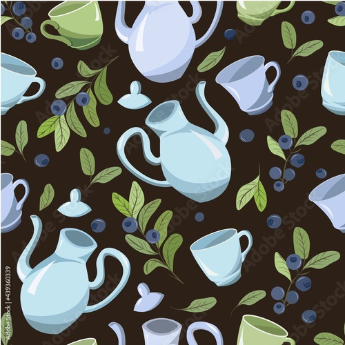 Seamless pattern on a dark background with a tea set, teapot, cups, blueberries and twigs
