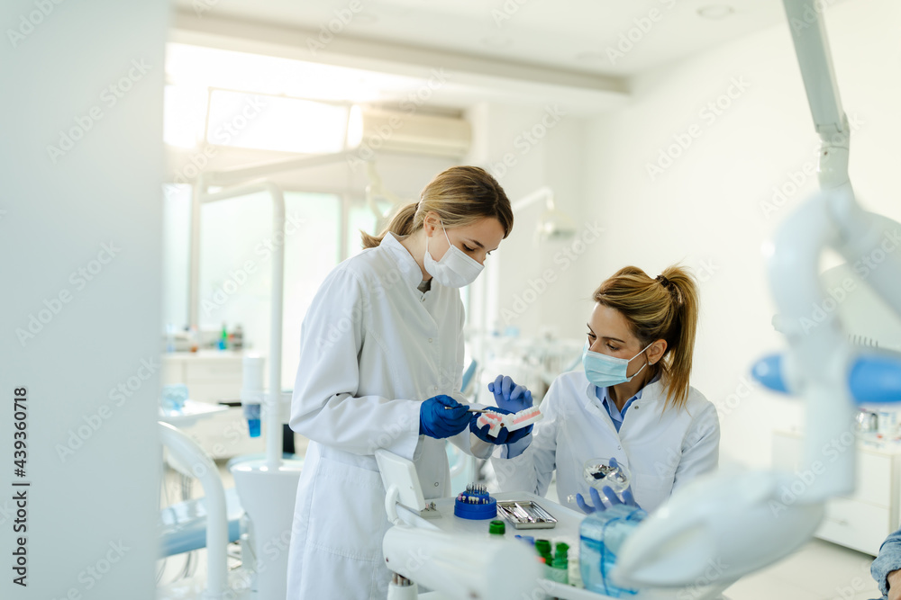 Dental technician dentist woman working with dentures in a laboratory with wax on a jaw model. Dental technician dentist woman working with dentures in a laboratory with wax on a jaw model.