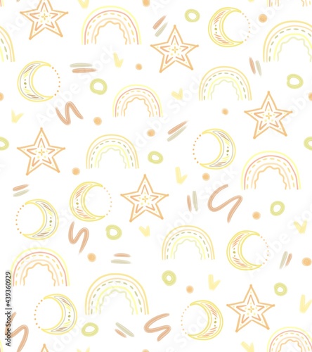 Seamless pattern of stars, lines, circles, rainbows and the moon on a white background in the Scandinavian style. Design for children, posters, prints, postcards, fabrics, textiles.
