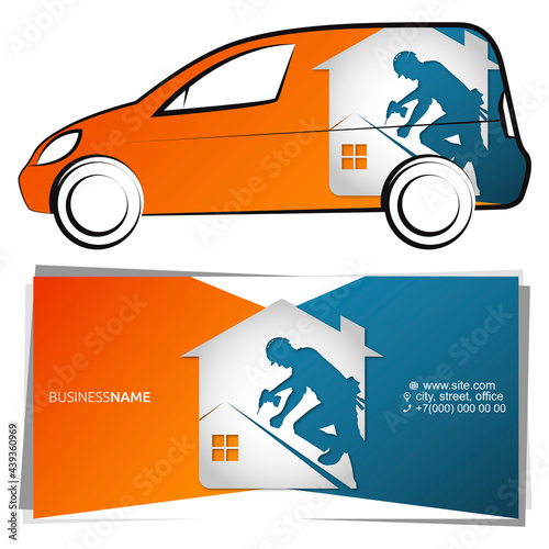 Roofer with the tool works on the roof. Business card concept and advertising graphics for cars.