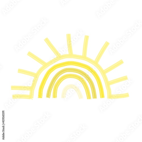 Isolated image of the sun in the Scandinavian style, colored on a white background. Digital illustration with imitation paint. Design for children, posters, prints, postcards, fabrics, textiles.