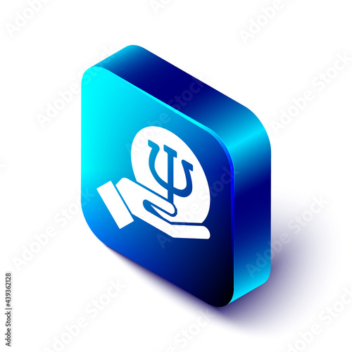 Isometric Psychology icon isolated on white background. Psi symbol. Mental health concept, psychoanalysis analysis and psychotherapy. Blue square button. Vector