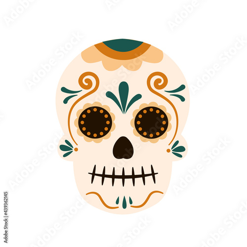 Mexican traditional sugar skulls and colorful flowers. Dia de los muertos concept. Vector stock