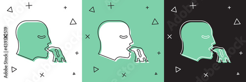 Set Vomiting man icon isolated on white and green, black background. Symptom of disease, problem with health. Nausea, food poisoning, alcohol poisoning concept. Vector