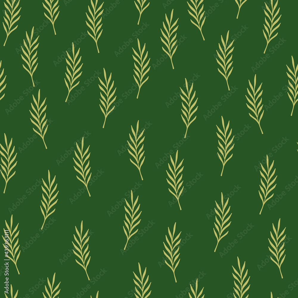 Greenery seamless doodle pattern with random leaf twigs ornament. Bright green background. Organic style.