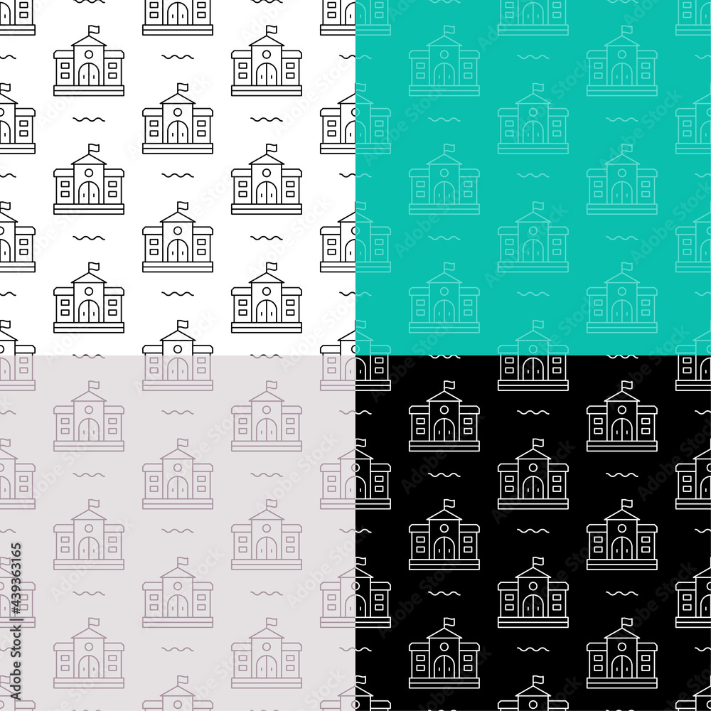 set of seamless patterns with school house. Exterior of university building. Ornament for decoration and printing on fabric. Design element. Vector