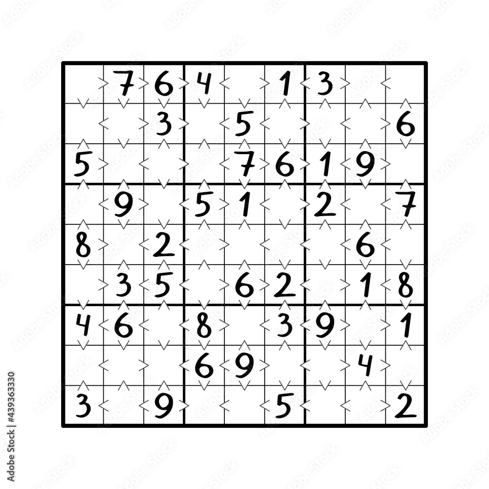 Greater than sudoku black and white game vector illustration. Educational number game for