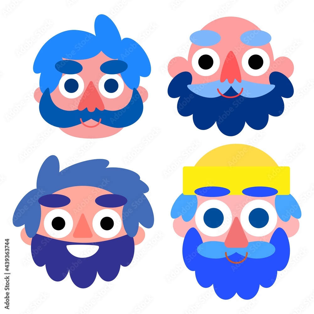 Happy seamen set isolated on white vector illustration. Funny four faces smiling cartoon seafarers. Flat men with blue hair, beards and mustaches collection