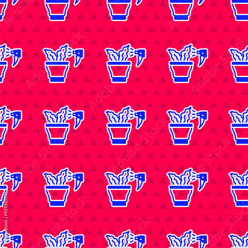 Blue Spraying a house plant with a spray gun icon isolated seamless pattern on red background. Moistening of foliage. Care for home flowers. Vector