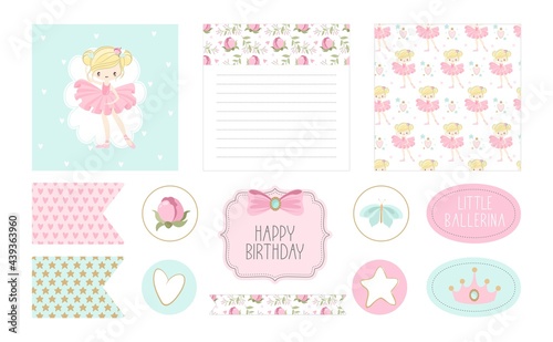 A set of stickers and postcards Ballet for a Happy Birthday. Cute ballerinas, flowers, plants, patterns. Vector illustration.