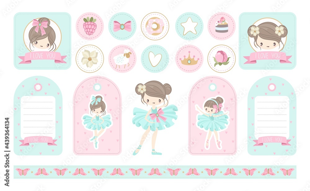 A set of stickers and postcards Ballet for a Happy Birthday. Cute ballerinas, flowers, plants, patterns. Vector illustration.
