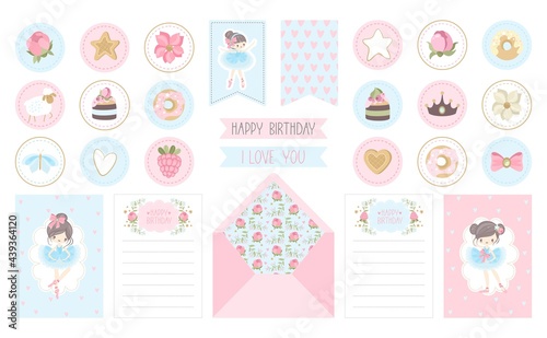 A set of stickers and postcards Ballet for a Happy Birthday. Cute ballerinas, flowers, plants, patterns. Vector illustration. 