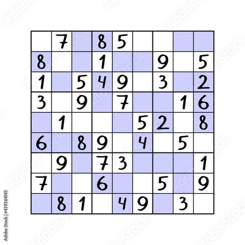 Even-Odd sudoku game vector illustration. Complete puzzle - fill white cells by 1,3,5,7,9 numbers and fill lilac cells by 2,4,6,8 numbers. Educational colorful number puzzle for children worksheet