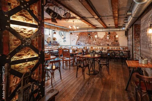 Steam punk interior of the urban hip bar in the center of Saint Petersburg, Russia.