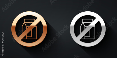 Gold and silver No pack of milk icon isolated Gold and silver background. Not allow milk. Allergy concept, lactose intolerance allergy warning sign. Long shadow style. Vector