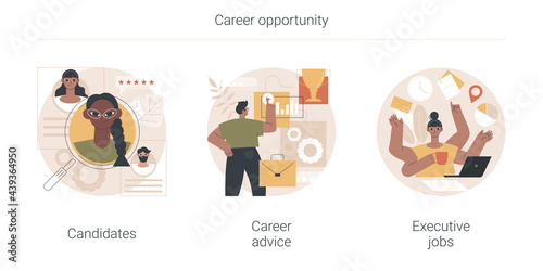 Career opportunity abstract concept vector illustration set. Candidate list, career advice, executive job, human resources, find employee, job applicant, leadership coach, create CV abstract metaphor.