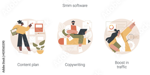 Smm software abstract concept vector illustration set. Content plan, copywriting, boost in traffic, social media planner, digital marketing strategy, content generation, seo abstract metaphor.