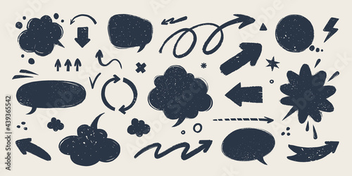 Abstract arrows and Speech bubbles set. Various doodle arrows and talk balloons with grunge texture. Hand-drawn abstract vintage infographic Vector collection.