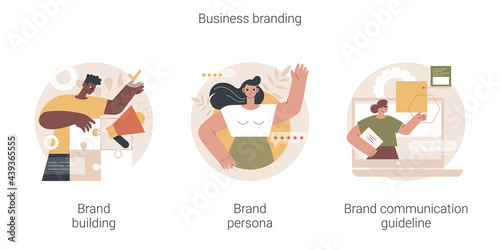Business branding abstract concept vector illustration set. Brand building, brand persona and communication guideline, communication strategy, target marketing, visual identity abstract metaphor.