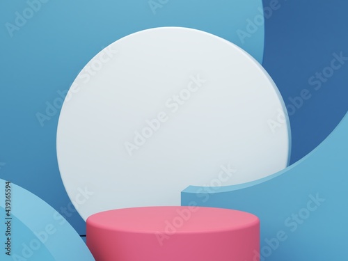 Minimal scene with podium and abstract background. Geometric shapes. Blue and red colors. Minimal 3d rendering. Scene with geometrical forms and textured background for cosmetic product. 3d render. 