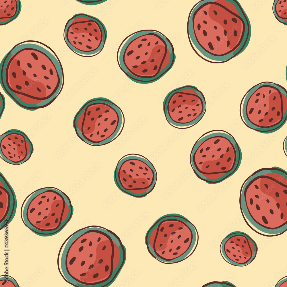 Organic seamless pattern with random red watermelon half print. Light yellow background. Decorative shapes. Organic seamless pattern with random red watermelon half print. Light yellow background. Decorative shapes.