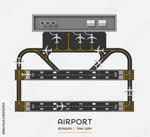 Top view of airport runway and taxi way with airplane, vector illustration