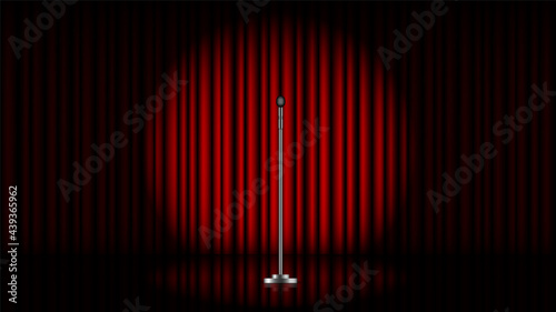 Microphone with stand on stage with red curtain and spot light, vector illustration