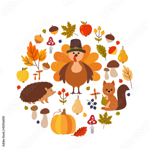 Happy Thanksgiving greeting banner. set of autumn elements. hedgehog, squirrel, pumpkin, turkey in a hat, maple leaf, mushrooms, apples, pears