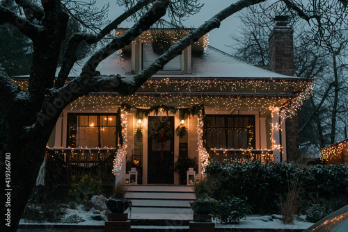 snowy christmas house at night 