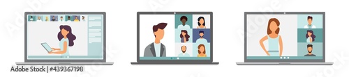 Conference video call, remote project management, quarantine, working from home. The set is illustrative.