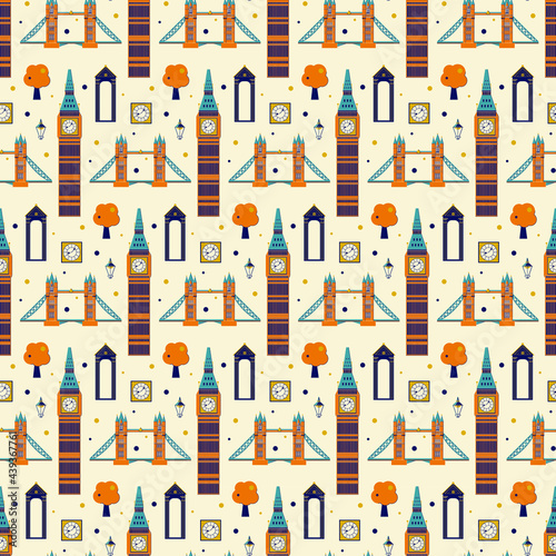 Seamless vector pattern with symbols of London such as Tower Bridge  Elizabeth Tower  Big Ben Clock on beige background.
