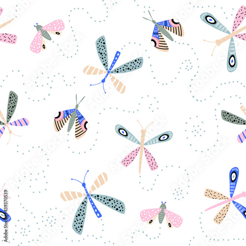 Seamless pattern with flying butterflies, moths scandinavian style. Modern butterfly texture .Vector modern background