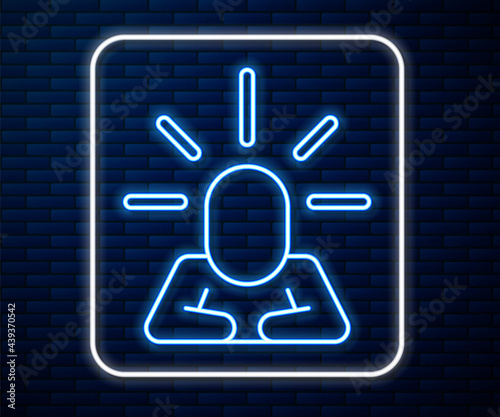 Glowing neon line Depression and frustration icon isolated on brick wall background. Man in depressive state of mind. Mental health problems. Vector