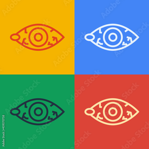 Pop art line Reddish eye due to viral, bacterial or allergic conjunctivitis icon isolated on color background. Vector