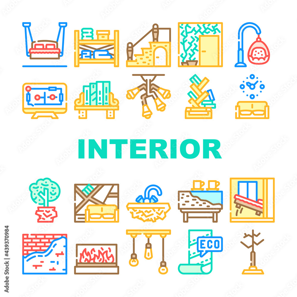Interior Style Design Collection Icons Set Vector. Hanging Bed And Chair, Tree Plant In House And Solid Stone Washbasin Interior Furniture Concept Linear Pictograms. Contour Color Illustrations Interior Style Design Collection Icons Set Vector. Hanging Bed And Chair, Tree Plant In House And Solid Stone Washbasin Interior Furniture Concept Linear Pictograms. Contour Color Illustrations