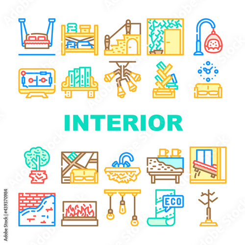 Interior Style Design Collection Icons Set Vector. Hanging Bed And Chair, Tree Plant In House And Solid Stone Washbasin Interior Furniture Concept Linear Pictograms. Contour Color Illustrations