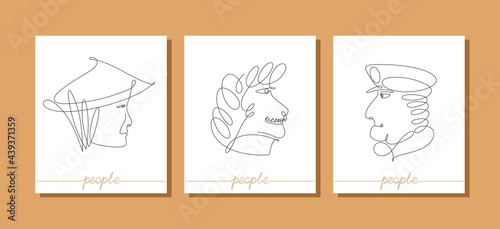 Modern abstract faces. Male elegant portrait in profile. Contemporary surreal graphics. One line of continuous vector design.