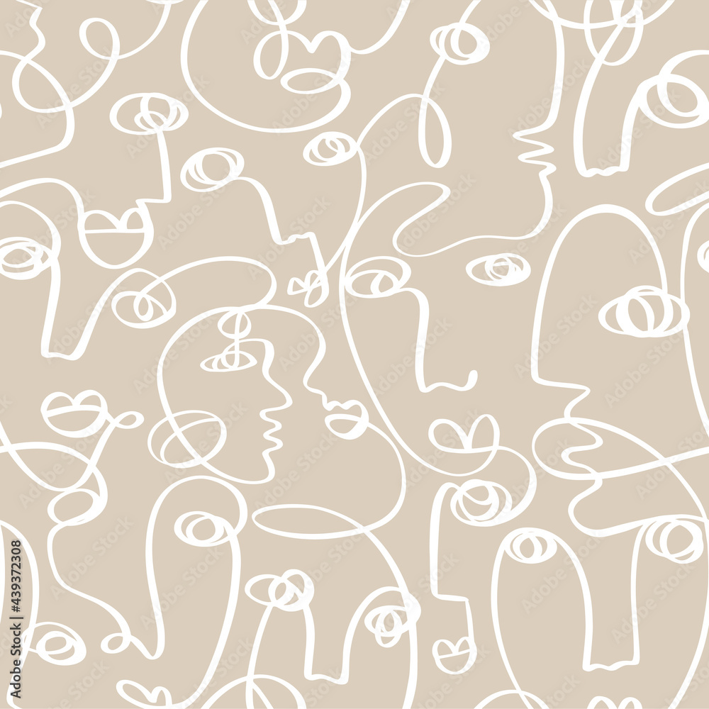 Abstract face in one line on a beige background