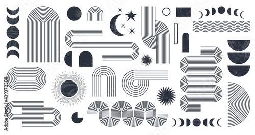 Abstract boho aesthetic geometric shape set with moon phases