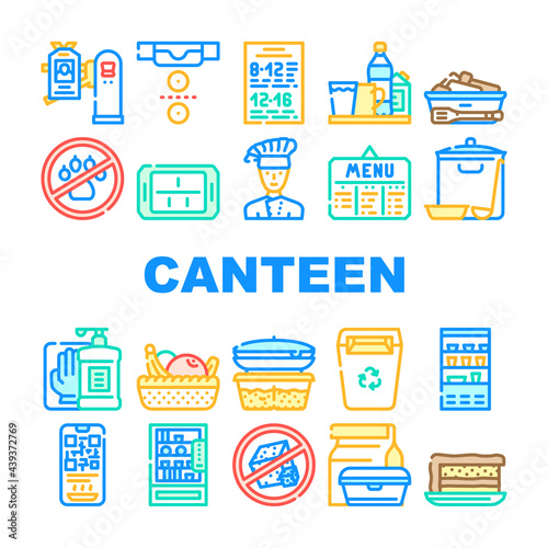 School Canteen Menu Collection Icons Set Vector. Canteen Food And Drink, Basket With Fruits And Cake Dessert, Cooked Dish And Chef Concept Linear Pictograms. Contour Color Illustrations