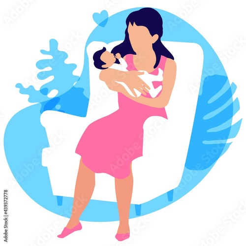 A loving young mother with a newborn baby in her arms sits in a soft armchair. Love and care of parents. Postpartum period. Vector illustration, natural background