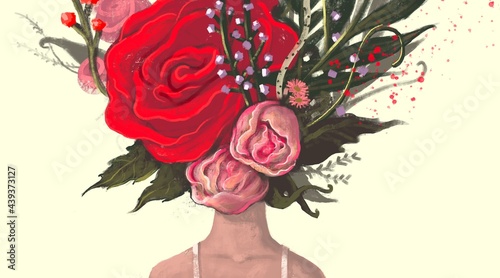 Woman with flowers head. concept painting of nature and freedom, surreal artwork, conceptual illustration