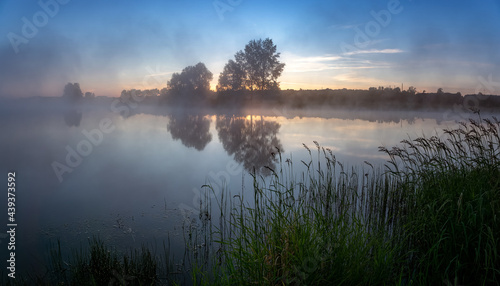 morning landscape with fog on the bank of the Ural river, Russia © 7ynp100