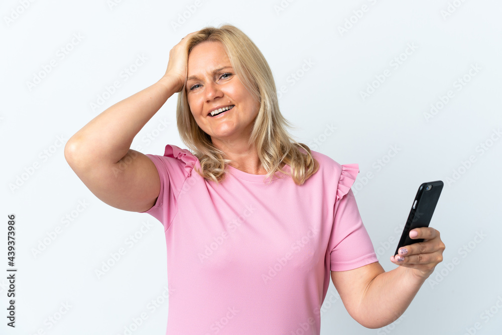Middle age using mobile phone isolated on white background has realized something and intending the solution Middle age using mobile phone isolated on white background has realized something and intending the solution