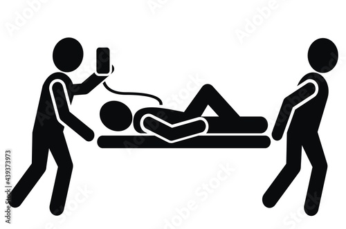 Medics carry a stretcher with the patient and infusion. Black silhouette, vector icon.