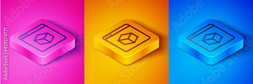 Isometric line 3D printer icon isolated on pink and orange, blue background. 3d printing. Square button. Vector